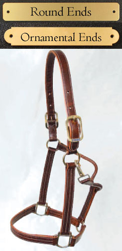Walsh leather halters with engraved brass nameplate make great division champion horse show awards or barn gifts.