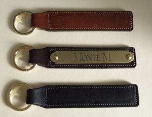 Horse show award or equestrian gift leather key fob with engraved brass nameplate comes in 2 sizes and 3 leather color choices.
