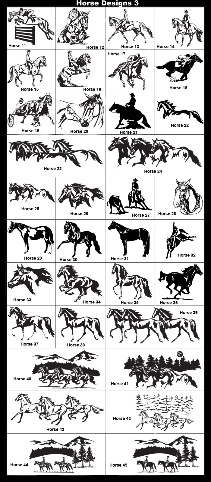 Hunter, Jumping Horse, Eventing, Cross Country, Dressage, Racehorse, Harness Racing, Sulky, Mare and Foal, Reining Horse, Decorative Horses, Cutting Horse, Paint, Pinto, Quarter Horse, Bucking Horse, Saddle Bronc, Running Horse, Western