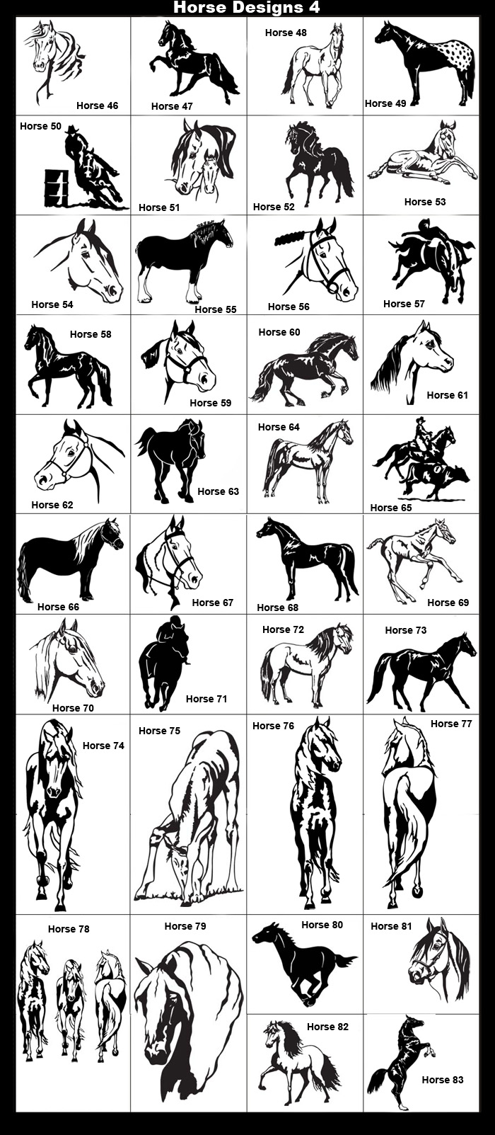 Gaited Horse, Saddlebred, Appaloosa, Mare and Foal, Foal, Clydesdale, Horse Head, Bucking Horse, Saddle Bronc, Western, Quarter Horse, Friesian, Calf Roping, Pony, Arabian, Racehorse, Trotting Horse, Running Horse, Horse Grazing, Rearing Horse, Dressage