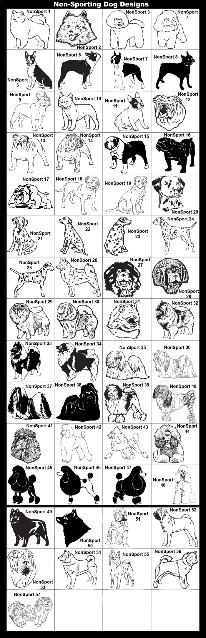 American Eskimo, Bichon Frise, Boston Bulldog, Chow, Dalmation, English Bulldog, Finnish Spitz, French Bulldog, Keeshound, Lhasa Apso, Lowchen, Poodle, Schipperke, Shar Pei