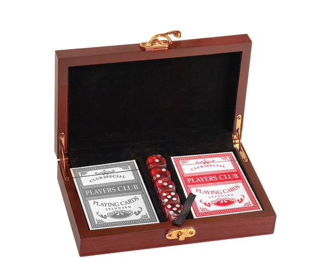 Custom engraved rosewood finish card and dice gift set with engraved cat design and personalized text. Cat Card & Dice Set