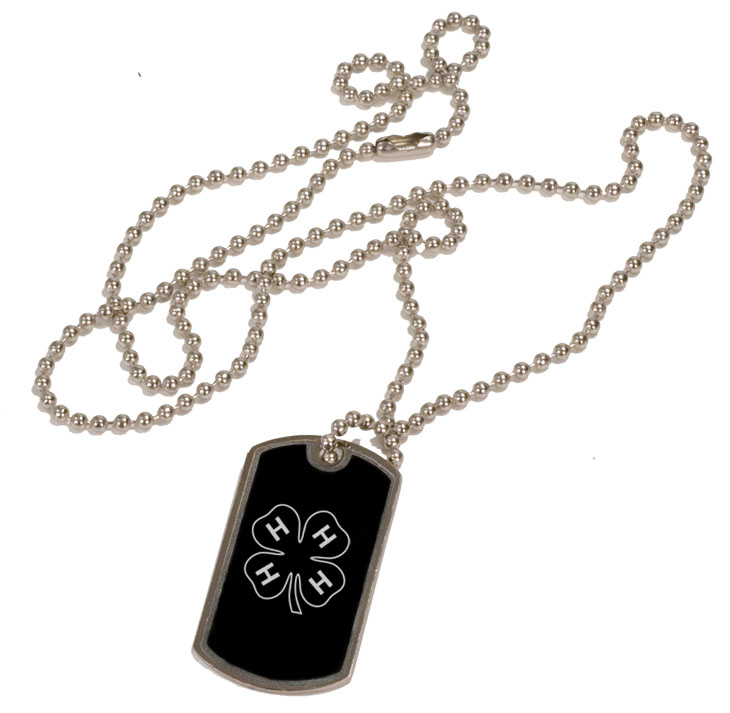 Personalized black and silver dog tag necklace with custom engraved 4-H logo. 4-H Necklace