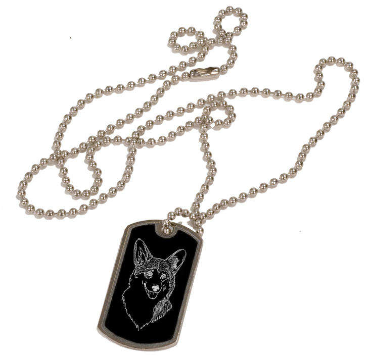 Personalized black and silver dog tag necklace with custom engraved Welsh Corgi dog design. Corgi Necklace