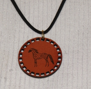 Circular Pendant on a Leather Necklace - Engraved Horse Design 6