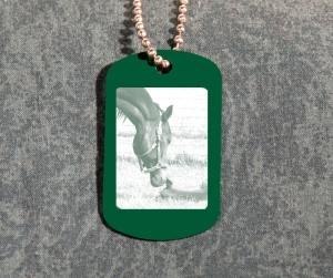 Colored anodized aluminum military GI dog tag necklace engraved with your photo. Equestrian Jewelry.