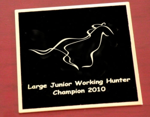Engraved Square Black Brass Tack Trunk Plate - Horse Design