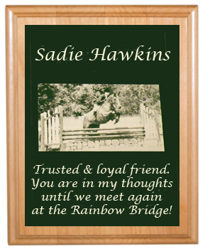Pet memorial genuine Red Alder plaques come in many sizes and designs.