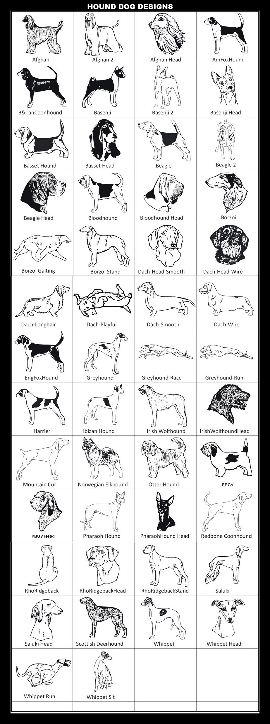 Petit Basset Griffon Vendeen (PBGV), Pharaoh Hound, Redbone Coonhound, Rhodesian Ridgeback, Saluki, Scottish Deerhound, Whippet