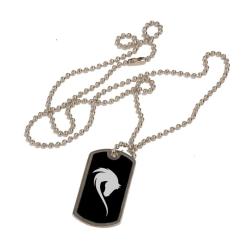 Personalized black and silver dog tag necklace with custom engraved horse design.