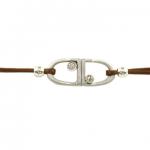 Equestrian jewelry bracelets that feature 2 English stirrups on a brown leather tie closure cord.
