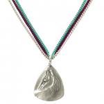 Glancing Horse Pendant on a multicolored chain. 