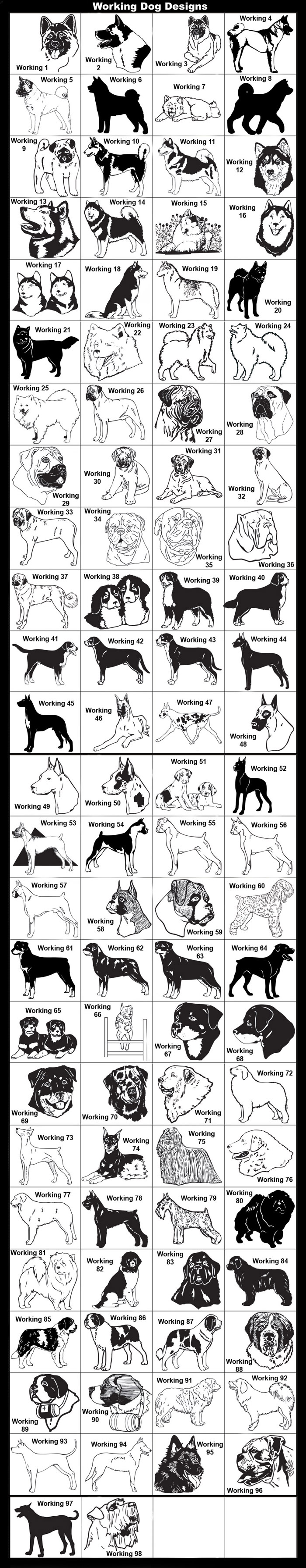 Akita, Alaskan Malamute, Anatolian, Beauceron, Bernese Mountain Dog, Boxer, Bullmastiff, Dogue de Bordeaux, Giant Schnauzer, Great Dane, Greater Swiss Mountain Dog, Great Pyrenees, Harlequin Great Dane, Komondor, Kuvasz, Landseer, Malamute, Mastiff, Newfoundland, Rottweiller, Samoyed, Siberian Husky