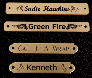 Brass engraved horse halter, bridle and stall nameplate horse show awards and barn gifts.