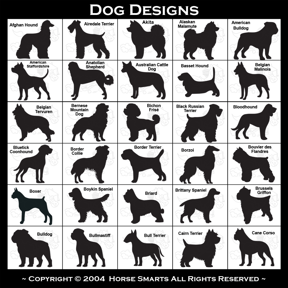 Cocker Spaniel, Collie, Coonhound, Dachshund, Dalmatian, Dogo Argentino