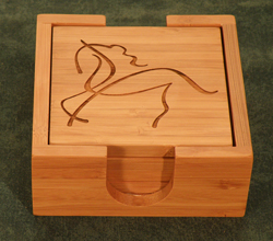 Bamboo coaster set with the Horse Two design lasere engraved on each coaster.