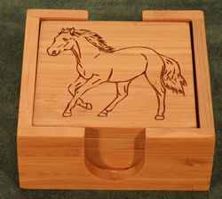 Horse Design Bambbo coaster set with holder.