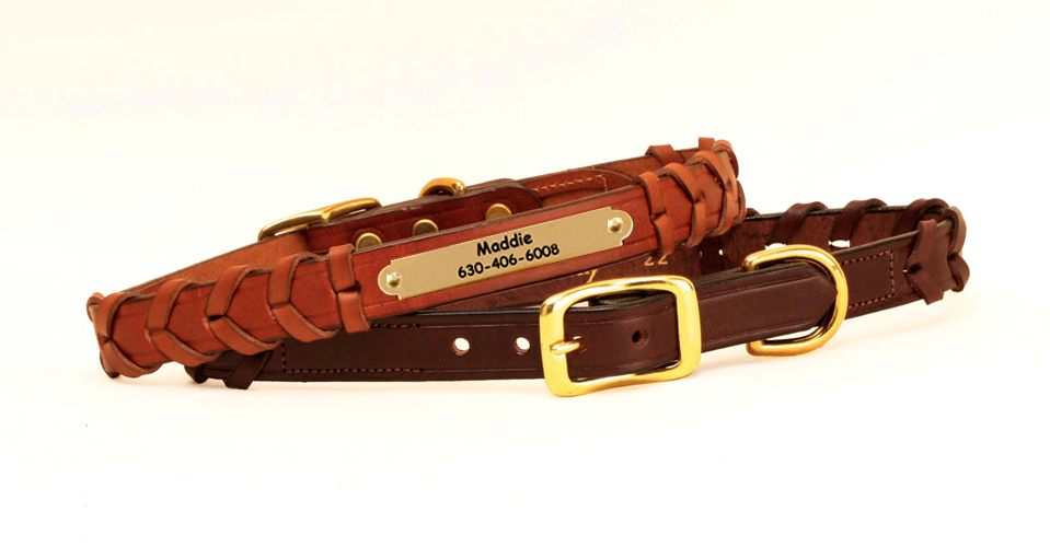Laced leather dog collar with nameplate blank. Collar comes with solid brass hardware.
