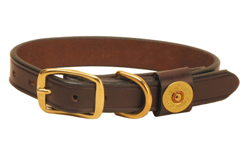 Shot shell leather dog collar from Tory leather comes with solid brass hardware.