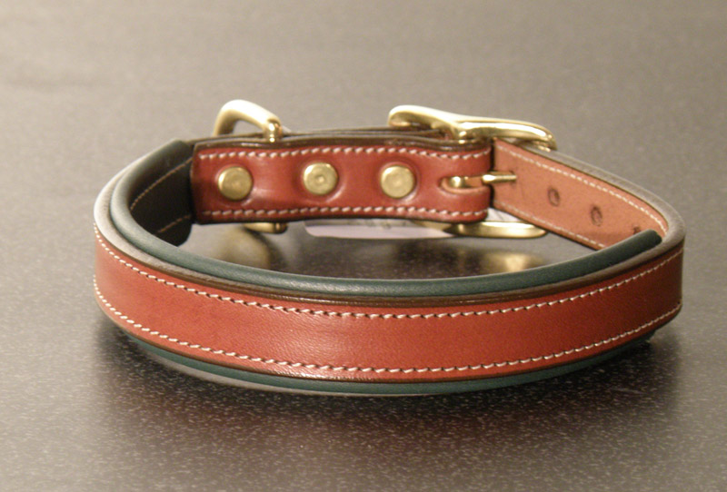 Padded Leather Engraved Dog Collar - Oakbark/Green