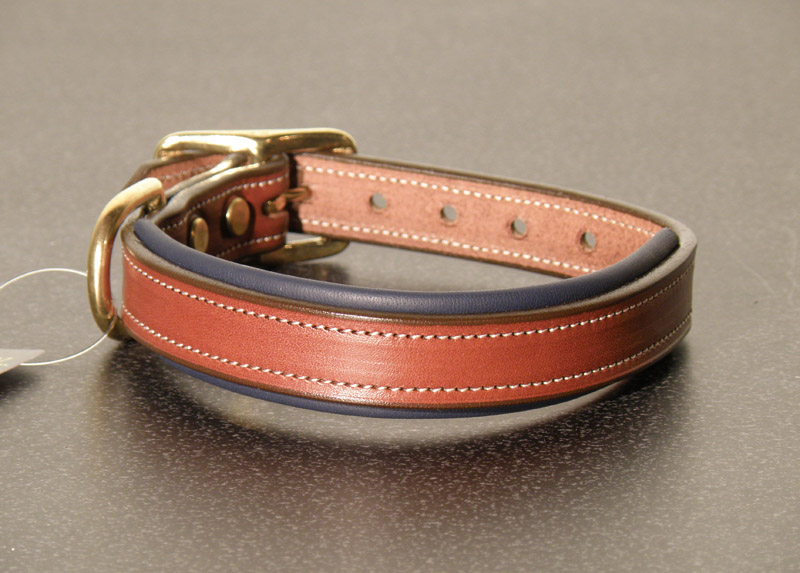 Padded Leather Engraved Dog Collar - Oakbark/Navy