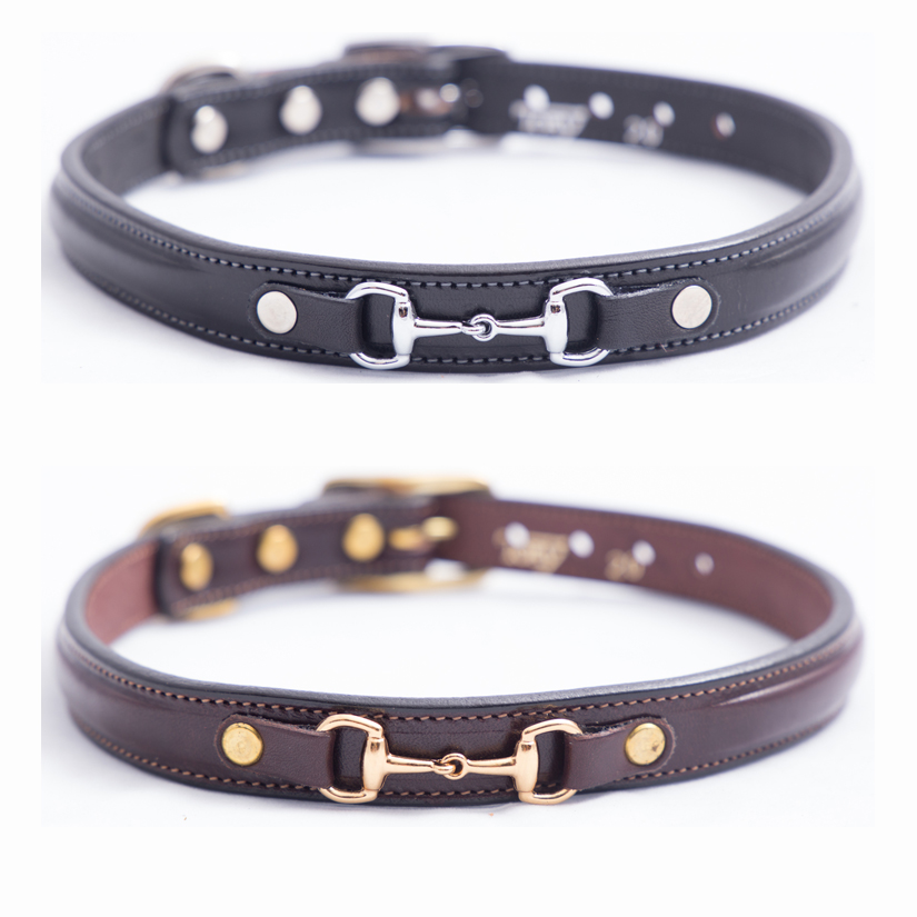 5/8" English bridle leather raised dog collar with Snaffle Bit from Tory Leather. Snaffle Bit Dog Collar