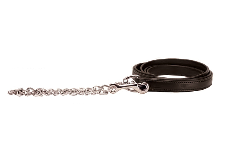 Horse lead shank made of black bridle leather and soft black padding. This horse lead has a silver 12" chain.