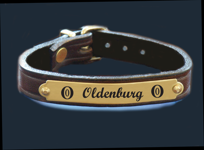 Custom engraved nameplate leather bracelet with horse breed logo and personalized text.
