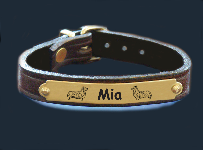 Personalized Corgi design engraved brass nameplate leather bracelet.