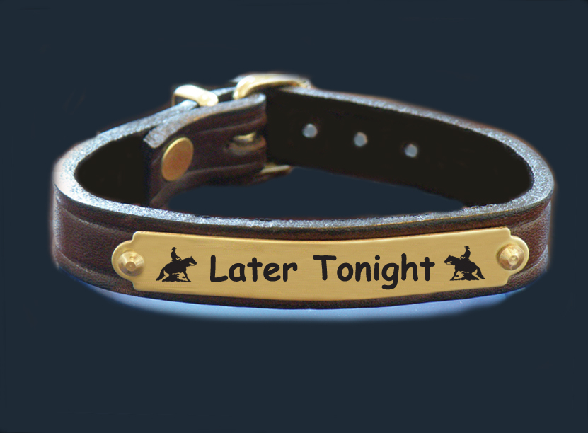 Personalized brass nameplate leather bracelet with rodeo designs and custom engraved text.