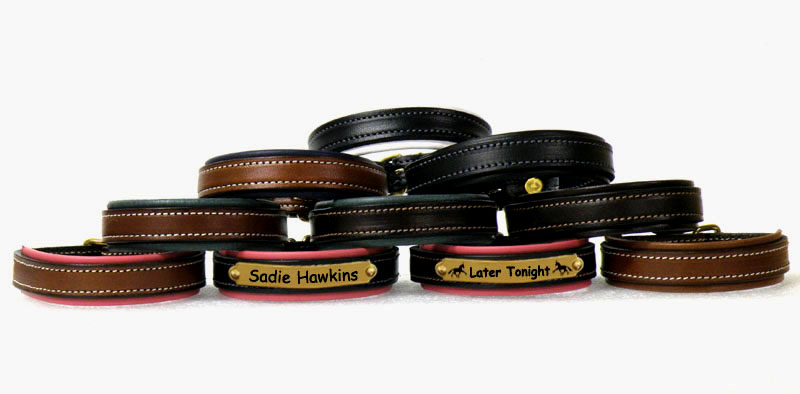 Custom engraved nameplate leather padded bracelet with cat design and personalized engraved text.