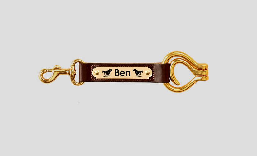 Equestrian engraved horse design 2 nameplate leather hoof pick snap fob with a usable horse hoof pick.
