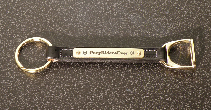 Leather English stirrup key fob engraved brass horse breed logo nameplate. Horse Stirrup Fob