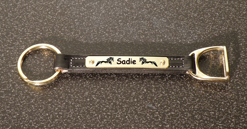 Leather English stirrup key fob engraved brass horse design nameplate. Horse Stirrup Fob