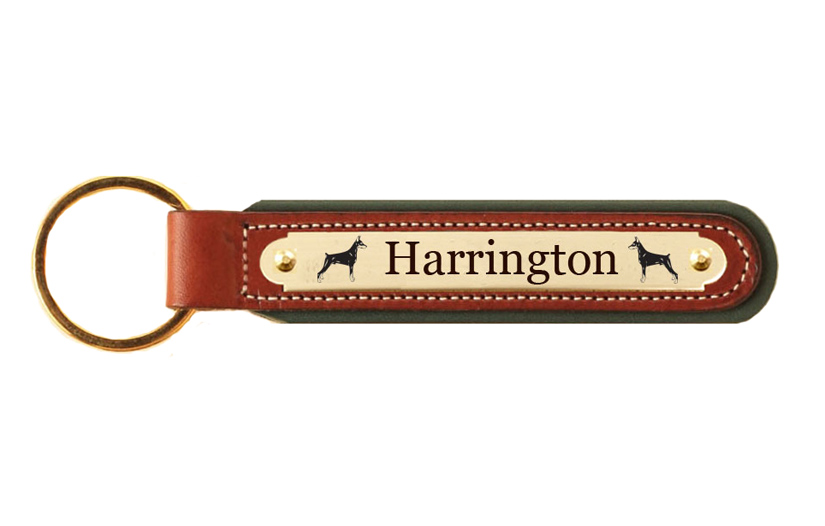 Custom engraved padded leather nameplate key fob with the Doberman Pinscher design of your choice.