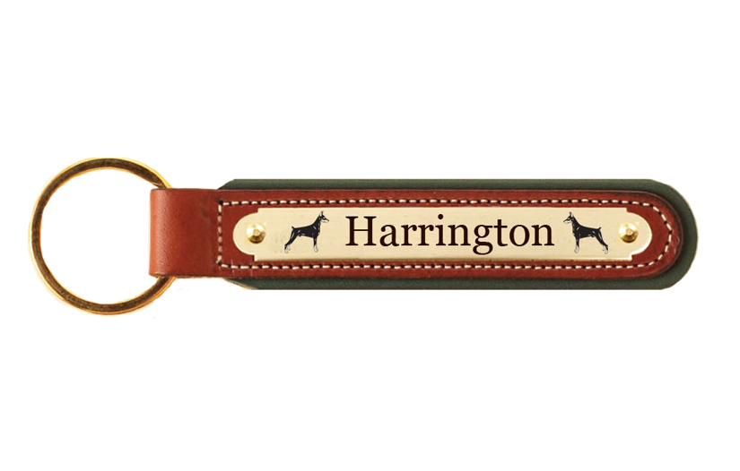 Custom engraved padded leather nameplate key fob with the Doberman Pinscher design of your choice.