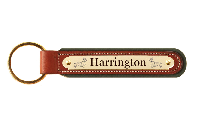 Custom engraved padded leather nameplate key fob with the Welsh Corgi dog design of your choice.