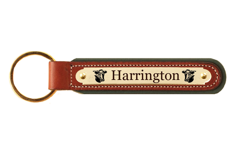 Padded leather key fob with an engraved brass nameplate with your choice of text and farm animal design.