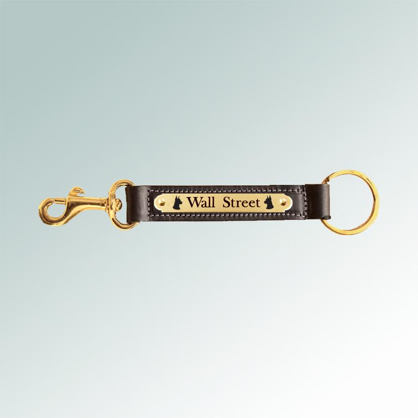 Leather nameplate key fob with brass snap and custom engraved Doberman dog design. Doberman Fob