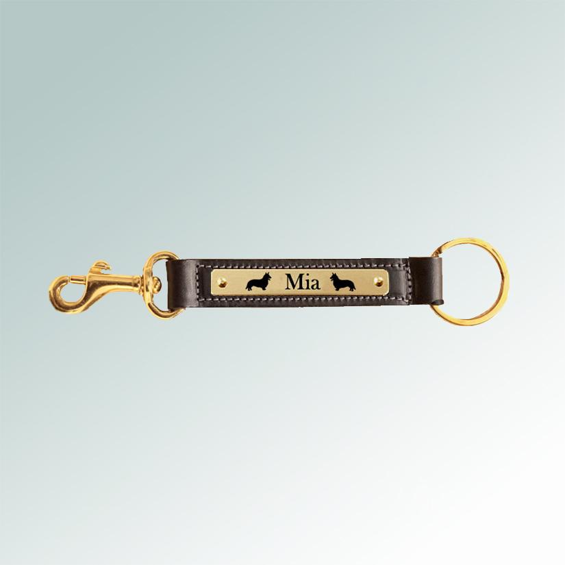 Leather nameplate key fob with brass snap and custom engraved Welsh Corgi dog design. Corgi Key Fob