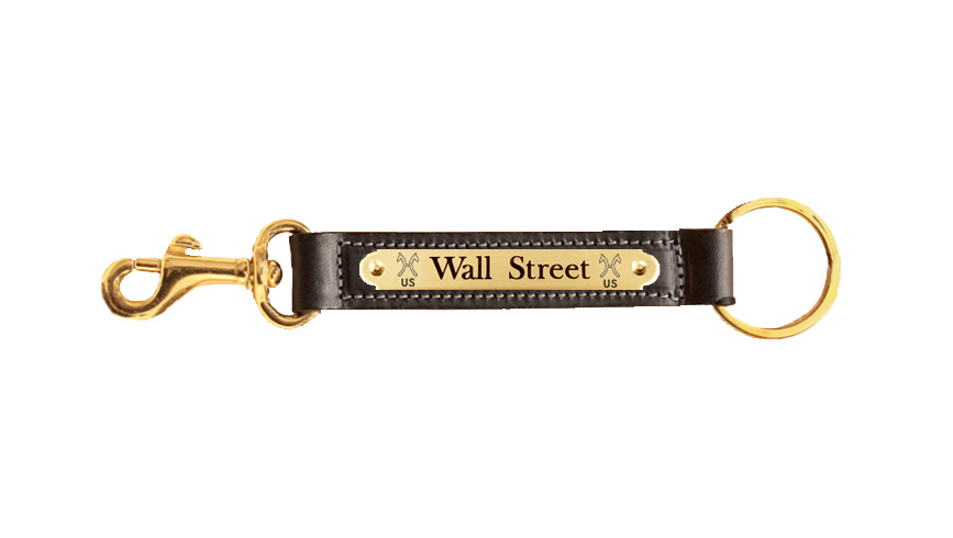 Personalized horse breed logo brass nameplate on a leather key fob with a brass bolt snap. Nameplate Key Fob