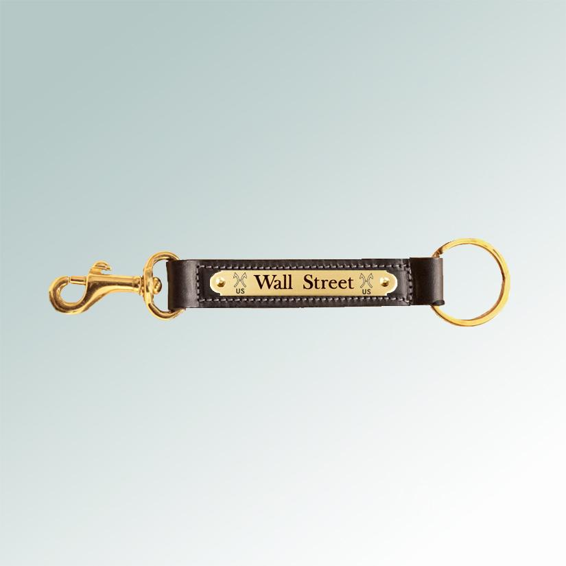 Personalized horse breed logo brass nameplate on a leather key fob with a brass bolt snap. Nameplate Key Fob