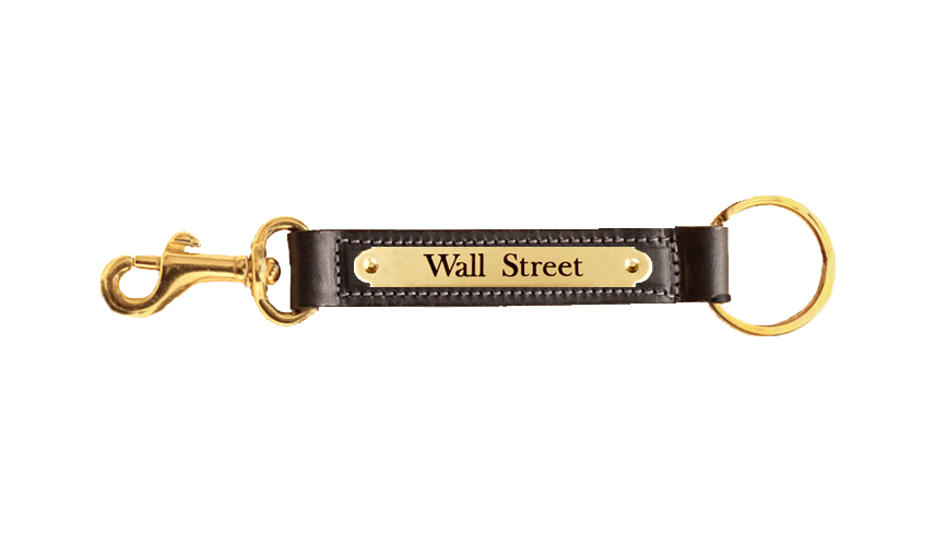 Personalized brass nameplate on a leather key fob with a brass bolt snap. Nameplate Snap Fob