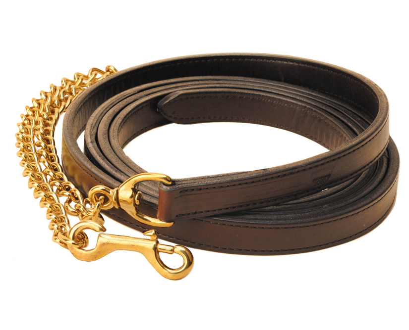 Double ply stitched bridle leather stallion lead with a 30" brass chain from Tory Leather.