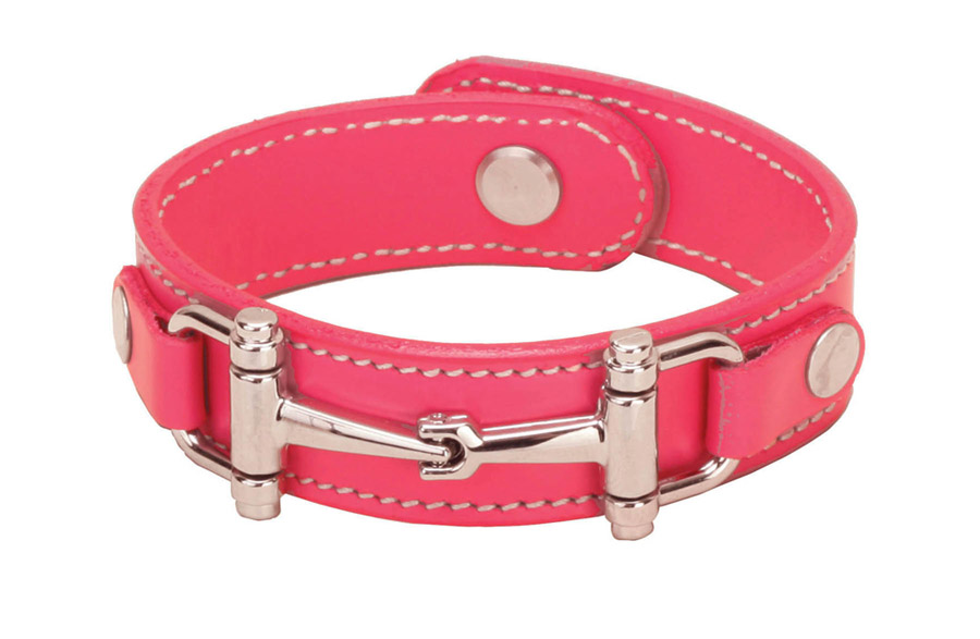 Snaffle bit stud button pink leather equestrian jewelry bracelet.