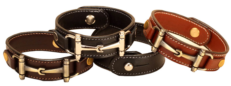 Snaffle bit stud button leather equestrian jewelry bracelet.