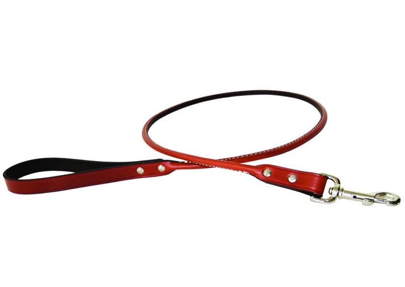 Rolled leather dog leash with a flat leather handle for comfort.