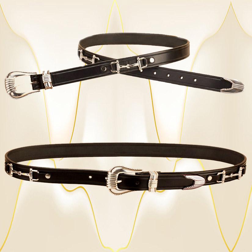 Black leather belt with a silver buckle and silver snaffle bits.