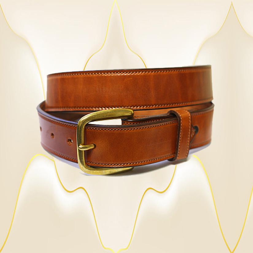 Buck brown Bridle leather stitched belt that is 1 1/2" wide with brass buckle. Tory Leather