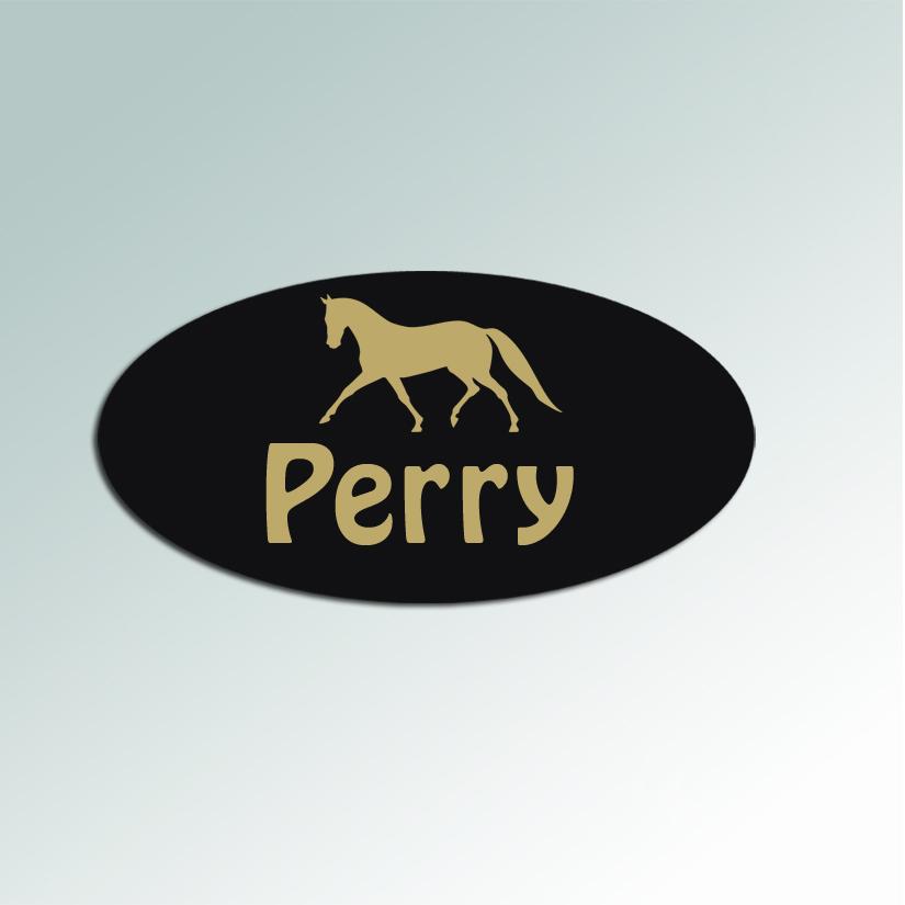 Plastic oval horse silhouette tack trunk nameplate for your tack trunk, mounting block, stall door and more. 85+ horse silhouettes to choose from.
